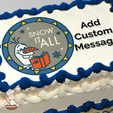 Olaf reading a book with "SNOW IT ALL" text, small chef character below, on a grey circular background, printed on a sheet cake.