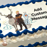 Olaf, Sven, and Kristoff in a winter scene with snowflakes and trees, printed on a sheet cake.