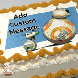 Illustration of BB-8 and R2-D2, iconic droids from Star Wars, against a blue background, printed on a sheet cake.