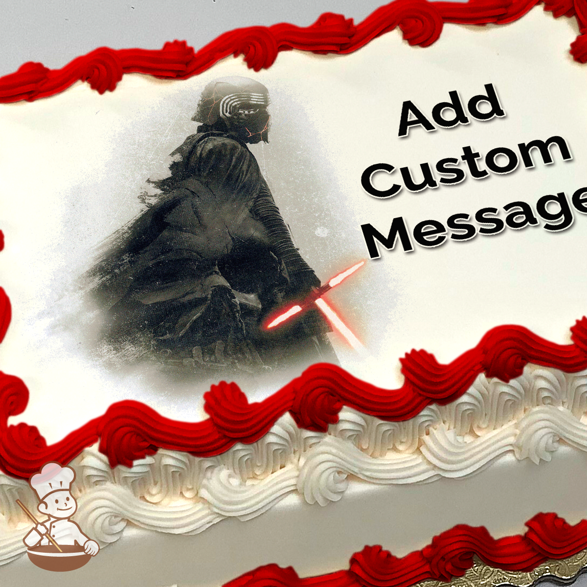 Illustration of Kylo Ren with a lightsaber on a sheet cake, printed with a smoky grey background.