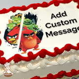 Angry Birds characters with Red in the foreground and the green pigs behind, on a sheet cake.