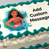 Moana with ocean waves and floral accents, printed on a sheet cake.