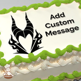 Black and white stylized Maleficent silhouette with flames, on a sheet cake.