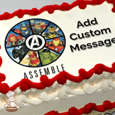 Avengers heroes Captain America, Iron Man, and Hulk with friends in action poses on a cake with "Assemble" text.