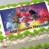 Trolls characters Poppy, Branch, and friends performing music with a vibrant, colorful background, printed on a sheet cake.