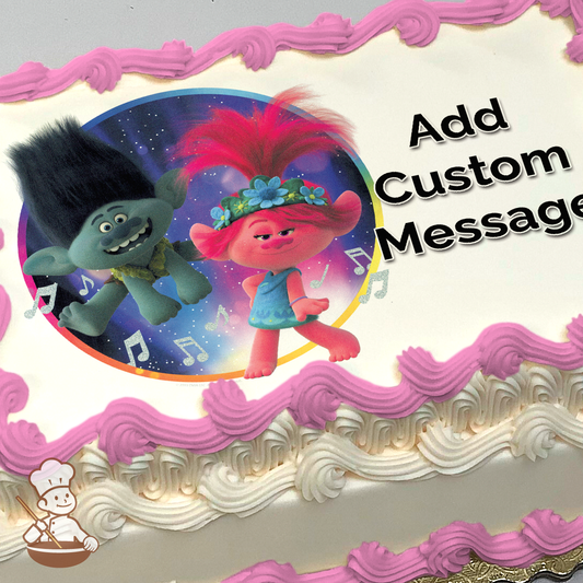 Trolls characters Poppy and Branch dancing with musical notes, set against a cosmic background with stars, printed on a sheet cake.