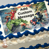 Hulk, Iron Man, and Captain America lead Avengers team on cake with dynamic poses against a white backdrop, printed on a sheet cake.