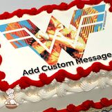 Illustration of Wonder Woman in action pose with abstract geometric shapes and vibrant colors, printed on a sheet cake.