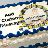 Minions surrounding a circular frame with Gru, playful antics, on a photo sheet cake.