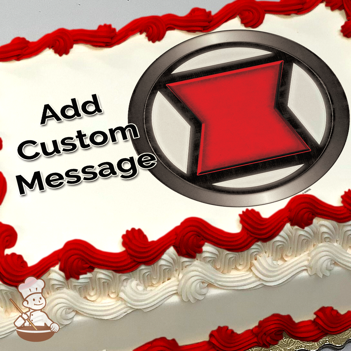 Black Widow icon with red hourglass symbol on sheet cake.