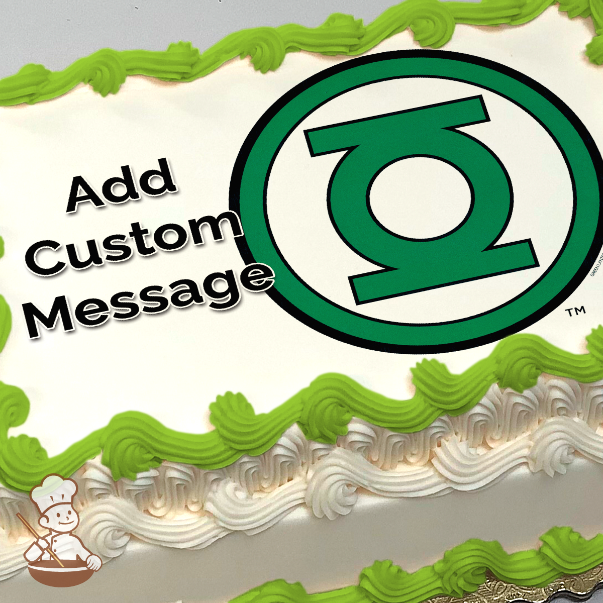 Green Lantern logo centered on a sheet cake, with a simple white background.