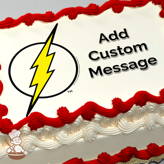 Flash symbol centerpiece with space for text on a celebratory sheet cake print.