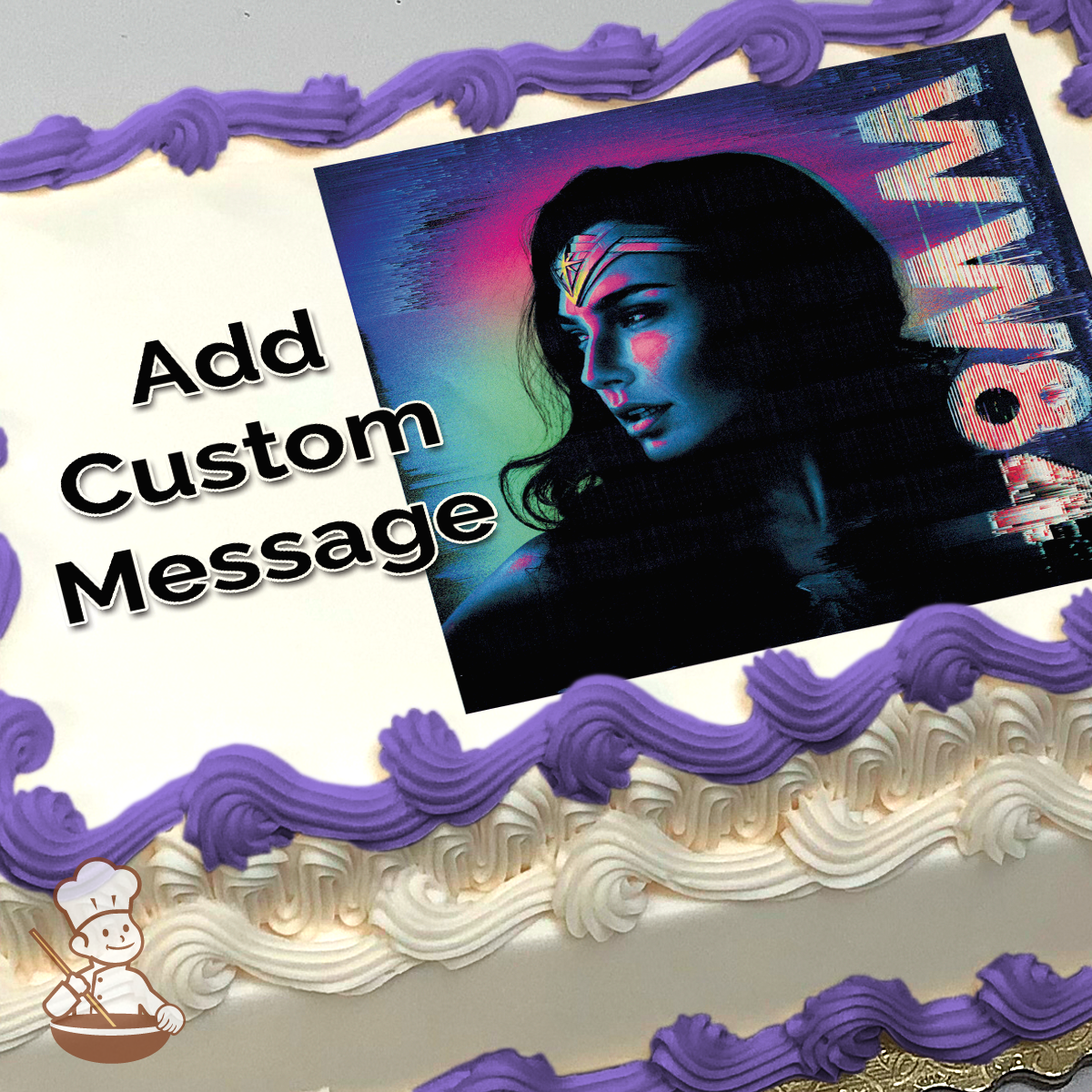 Illustration of Wonder Woman with a colorful, glitch art style effect, printed on a sheet cake.