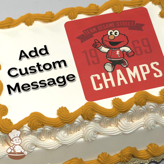 Illustration of Elmo in a sports jersey with "Team Sesame Street 1969 CHAMPS" on a red background, printed on a sheet cake.