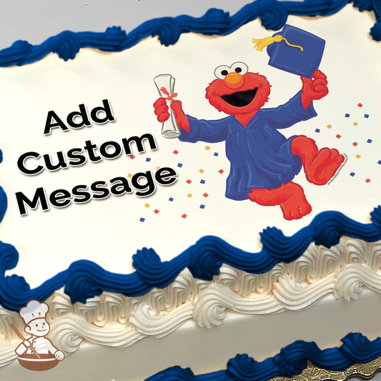 Elmo in graduation cap and gown, holding a diploma and glass, with confetti, printed on a sheet cake.