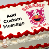 Illustration of Elmo in a graduation cap on a "Sesame U" emblem, with the word "graduate" below, printed on a sheet cake.