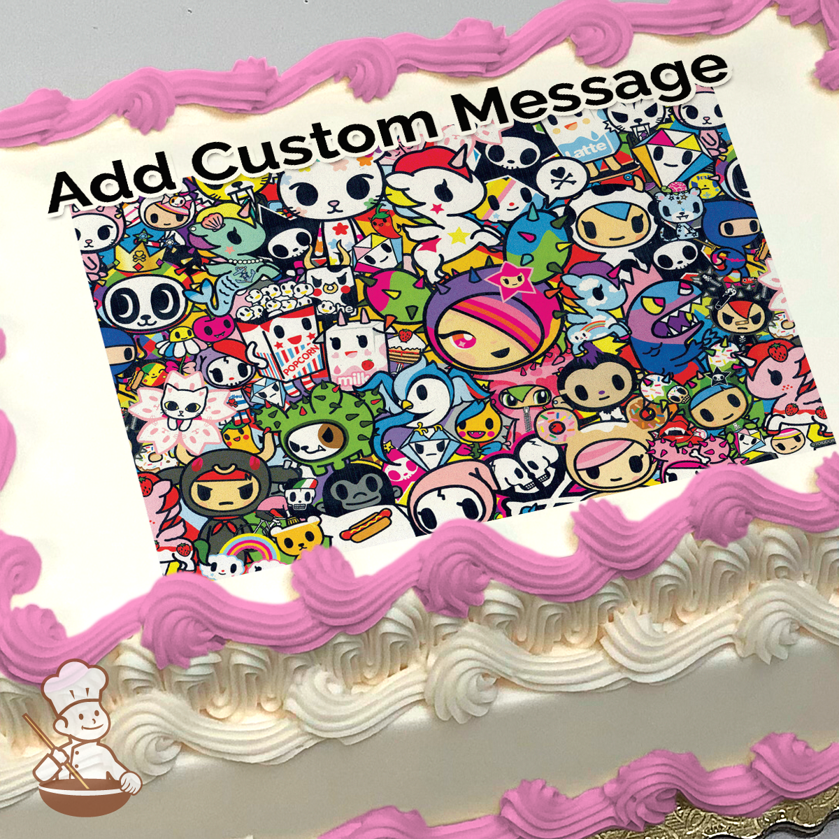 Colorful illustration of Tokidoki characters, including Cactus Friends, Donutella, and Unicorno, printed on a sheet cake.