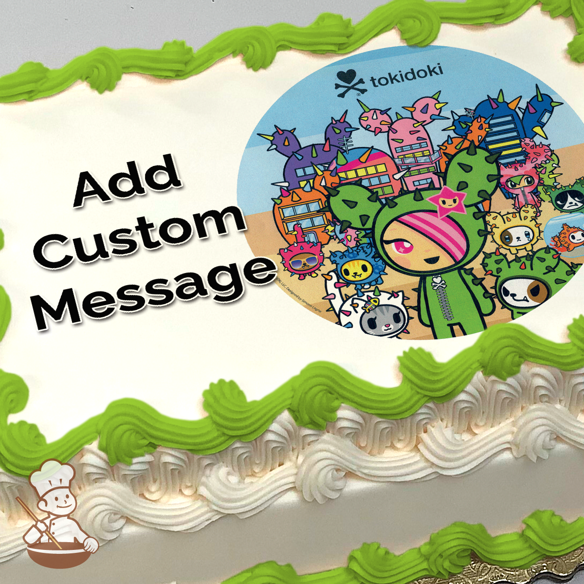 Illustration of Tokidoki characters with a girl at the forefront, surrounded by colorful friends and buildings, printed on a sheet cake.