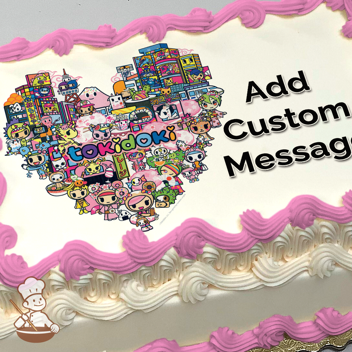 Colorful Tokidoki illustration with characters set against a vibrant cityscape, printed on a sheet cake.