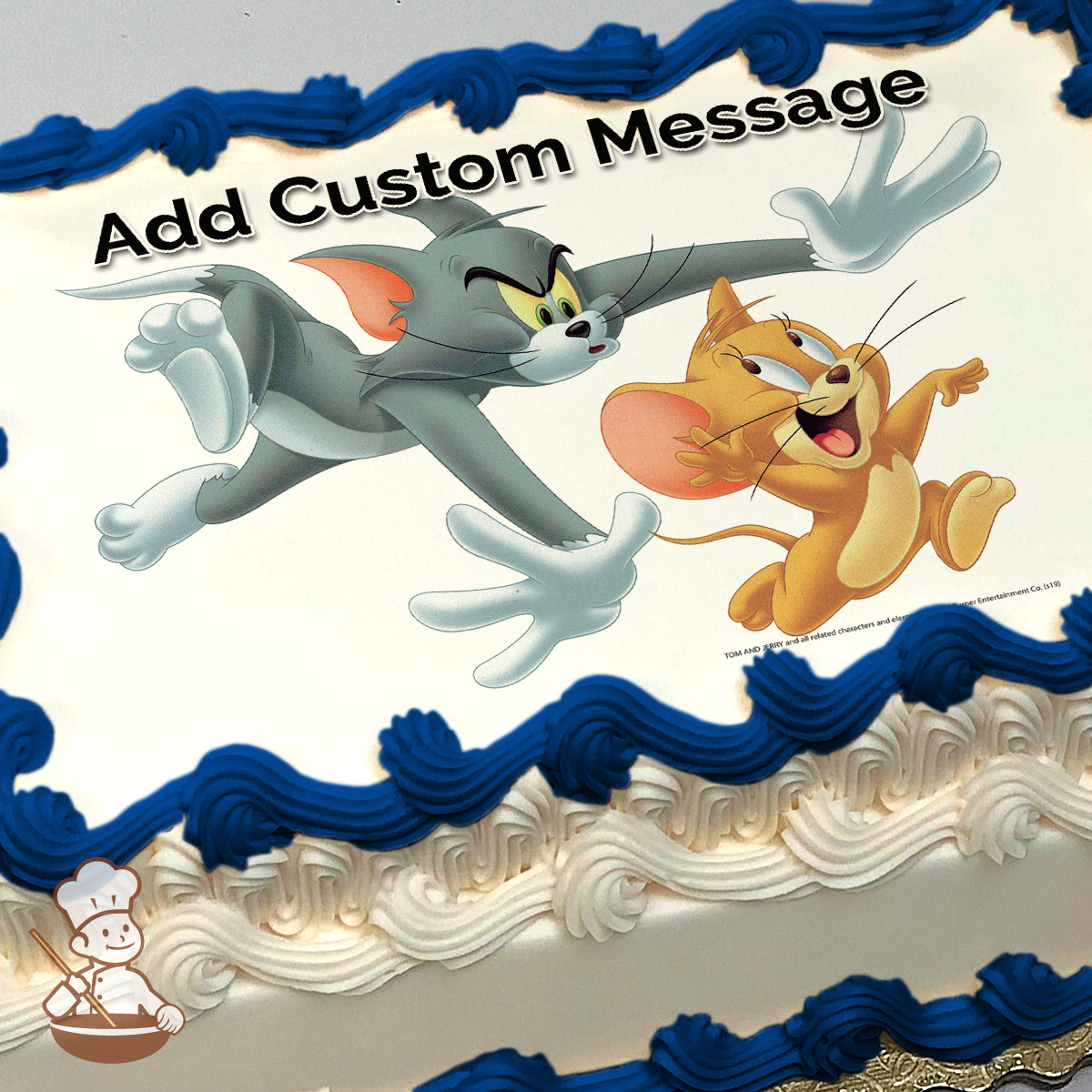 Illustration of Tom chasing Jerry, with Jerry looking back and laughing, against a plain background, printed on a sheet cake.