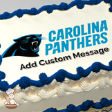 Illustration of the Carolina Panthers logo with bold team name text on a solid color background, printed on a sheet cake.