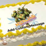 Illustration of Teenage Mutant Ninja Turtles in action poses with Leonardo in the forefront, printed on a sheet cake.