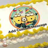 Three Minions with either a party hat or blowing party horns, printed on a sheet cake.