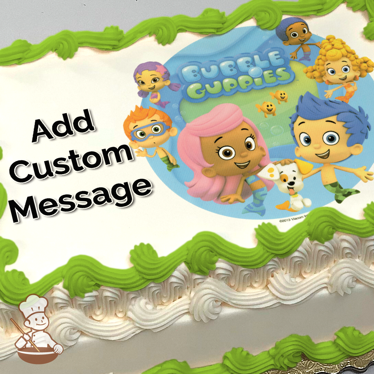 Bubble Guppies characters Molly, Gil, and their friends, with a playful underwater theme, printed on a sheet cake.