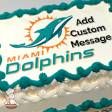 Miami Dolphins logo with a leaping dolphin and sunburst, with "Miami Dolphins" text, on a solid color background, printed on a sheet cake.