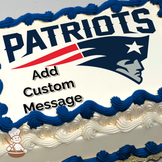 New England Patriots logo featuring a stylized head of a patriot with a star and red and blue stripes, on a sheet cake.