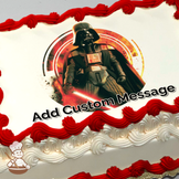 Darth Vader stands with a red and black circular background, printed on a sheet cake.