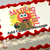 Illustration of a smiling red tomato character with colorful text and abstract shapes in the background, printed on a sheet cake.