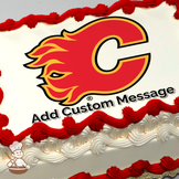 Calgary Flames logo with a flaming 'C' and a stylized horse head, on a sheet cake.