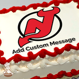 A red and black sports team logo centered on a sheet cake, with a placeholder for a custom message above it.