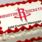 Houston Rockets logo with bold red and white lettering and basketball graphic, printed on a sheet cake.