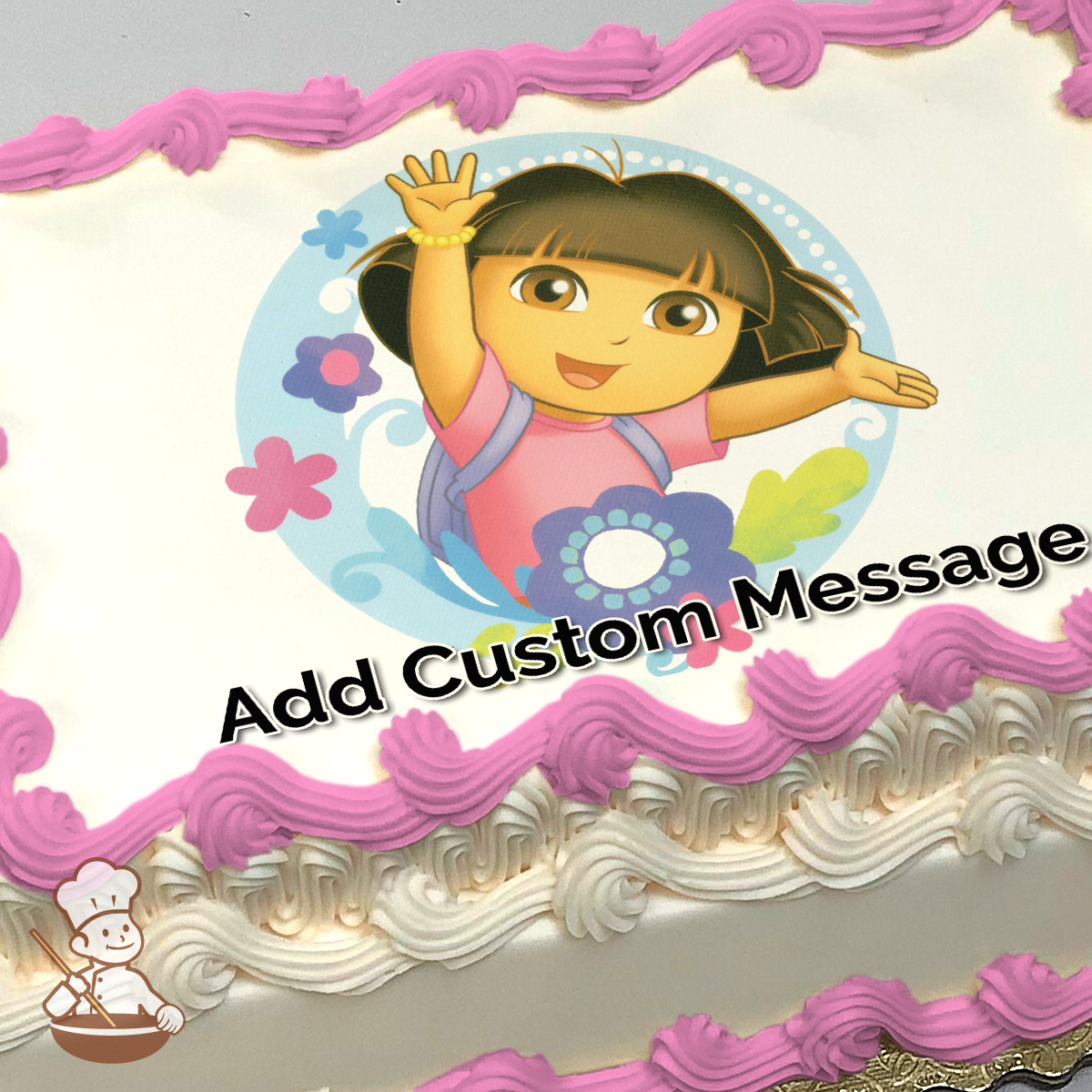 Cartoon image of Dora the Explorer waving, surrounded by a floral pattern, printed on a sheet cake.