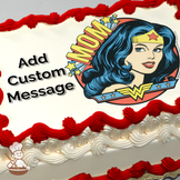 Illustration of Wonder Woman with "MOM" text above her, on a decorative emblem with stars, printed on a sheet cake.