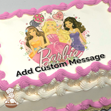 Barbie with friends on a birthday-themed background with balloons and stars, printed on a sheet cake.