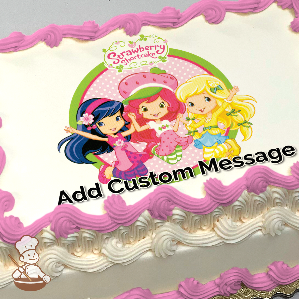 Illustration of Strawberry Shortcake and friends, with Strawberry Shortcake in the center, printed on a sheet cake.