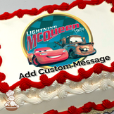 Lightning McQueen and Mater from the animated movie Cars, with a teal checker-board background, printed on a sheet cake.