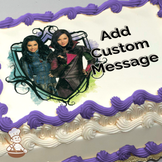 two characters posing with a stylized crest, printed on a sheet cake.