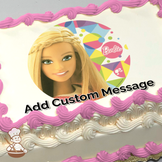 Barbie with a friendly smile, against a colorful geometric background, printed on a sheet cake.