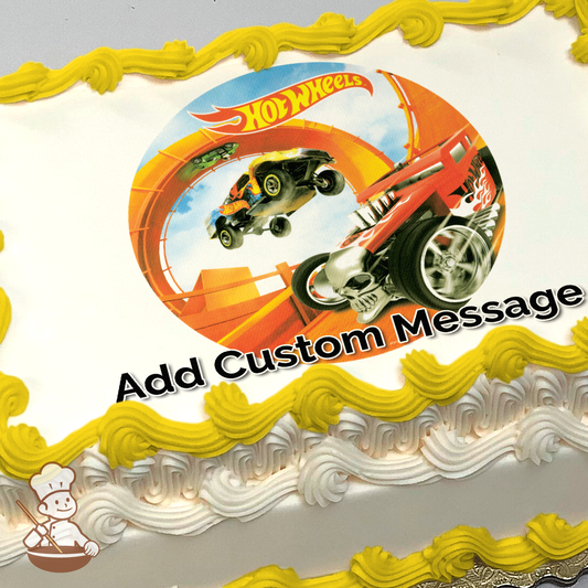 Hot Wheels cars racing on orange track with fiery skull, loop, and desert background, printed on a sheet cake.