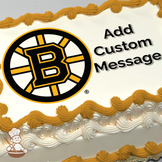 Illustration of the Boston Bruins logo centered on a sheet cake, with a placeholder for a custom message above.