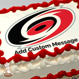 Illustration of the Carolina Hurricanes hockey team logo with a swirling hurricane symbol in red, black, and white, printed on a sheet cake.