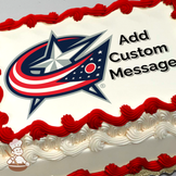 Logo of the Columbus Blue Jackets hockey team with a red, white, and blue color scheme and a star, printed on a sheet cake.