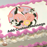 Pepe Le Pew and Penelope Pussycat in a romantic embrace with hearts and 'LOVE' text on a pink circle background, printed on a sheet cake.