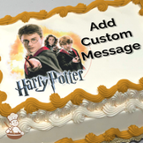 Harry Potter, Hermione, and Ron with wands ready on a magical smoky background, printed on a sheet cake.