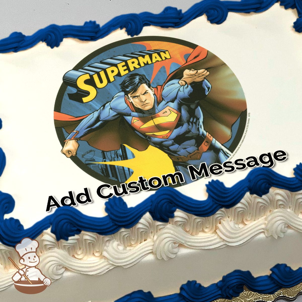 Illustration of Superman flying with his fist extended, set against a yellow and blue comic-style burst background, printed on a sheet cake.