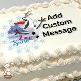 Olaf the snowman from Frozen with a whimsical expression, surrounded by snowflakes on a wintry background, printed on a sheet cake.